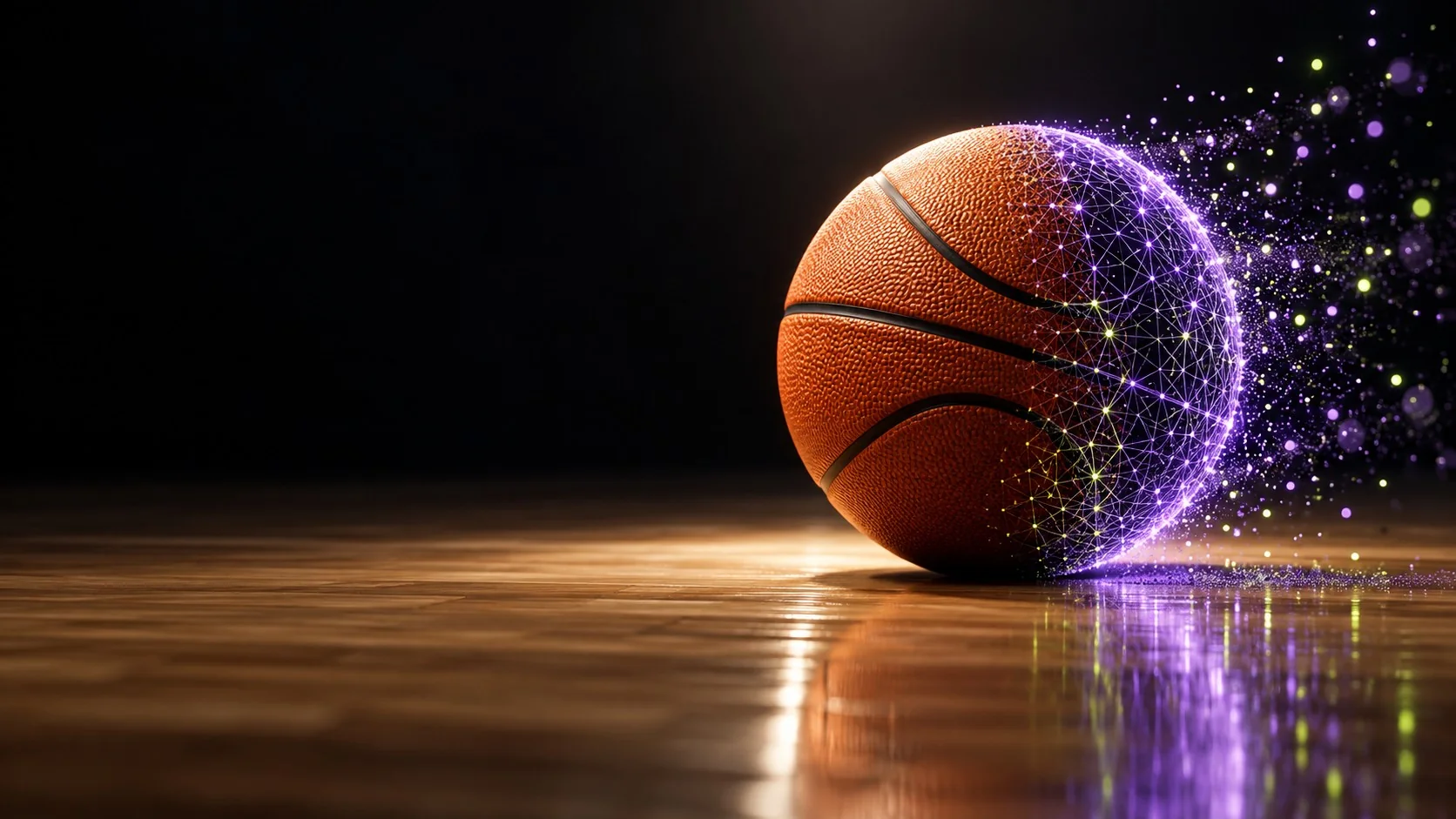 Balón de baloncesto sobre el parqué que se transforma en datos