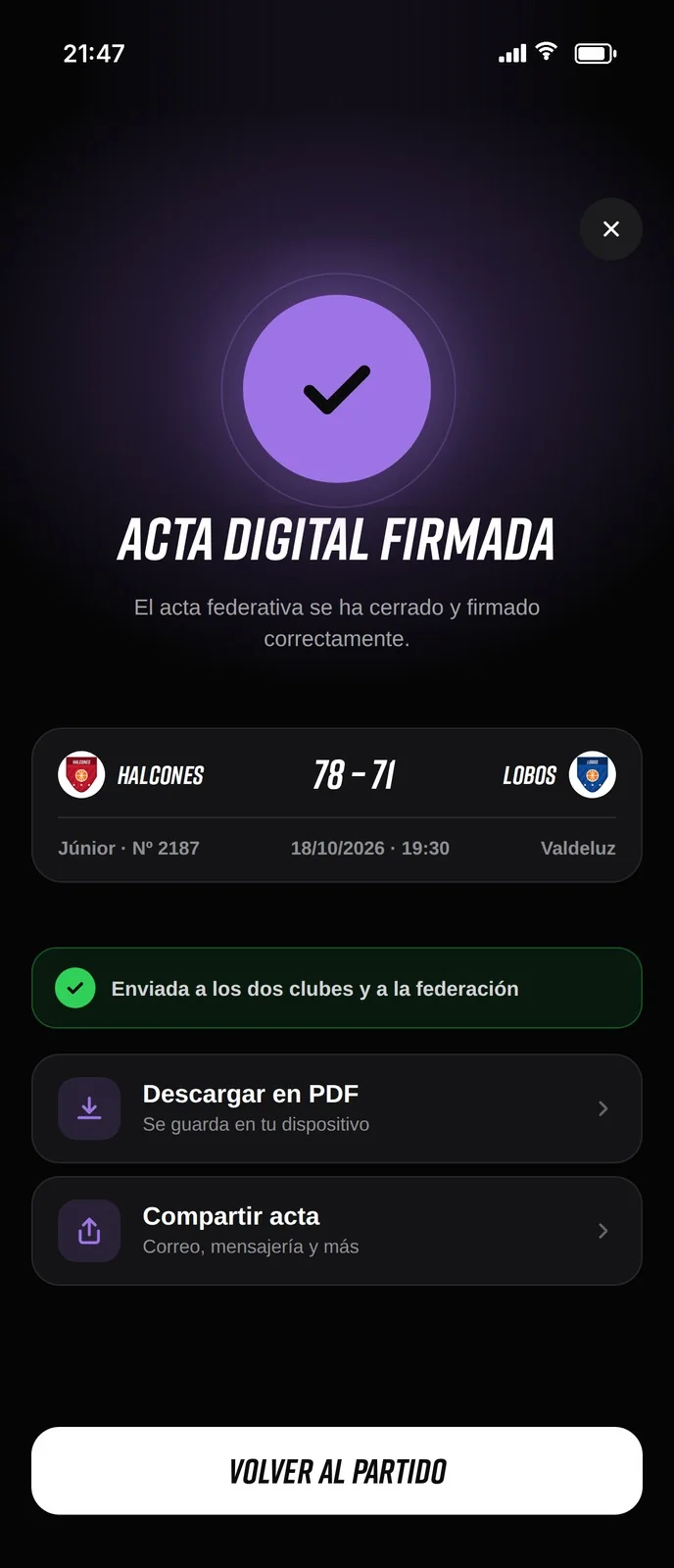 Acta digital firmada por los árbitros