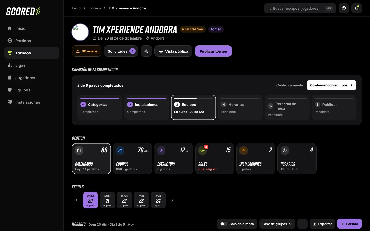 Panel de gestión del torneo en Scored